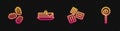 Set line Cracker biscuit, Chicken nuggets, Stack of pancakes and Lollipop. Glowing neon icon. Vector