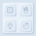 Set line Cracker biscuit, Ice cream in bowl, and Apple. White square button. Vector