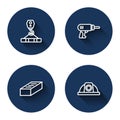 Set line Crane hook, Electric drill machine, Brick and Worker safety helmet with long shadow. Blue circle button. Vector Royalty Free Stock Photo
