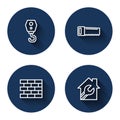 Set line Crane hook, Hand saw, Bricks and House with wrench spanner with long shadow. Blue circle button. Vector Royalty Free Stock Photo
