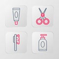 Set line Cream or lotion cosmetic tube, Hairbrush, Scissors hairdresser and icon. Vector
