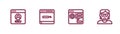 Set line Create account screen, Browser setting, Search engine and Hacker or coder icon. Vector Royalty Free Stock Photo