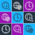 Set line Create account screen, Clock and Earth globe with mail icon. Vector
