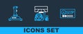 Set line Create account screen, Joystick for arcade machine and Racing simulator cockpit icon. Vector
