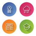 Set line Create account screen, Network cloud connection, Online quiz, test, survey and Graduation cap globe. Color Royalty Free Stock Photo