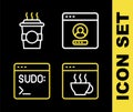 Set line Create account screen, Software, Code terminal and Coffee cup to go icon. Vector Royalty Free Stock Photo
