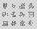 Set line Creating robot, Robot, Error, burned out, Mars rover and Computer api interface icon. Vector