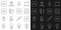 Set line Creative lamp light idea, Voltmeter, Electrical outlet, Leaf Eco symbol, extension, DC voltage source, Buzzer Royalty Free Stock Photo