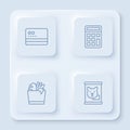Set line Credit card, Calculator, Shopping bag and food and Canned. White square button. Vector