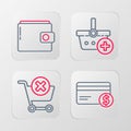 Set line Credit card and dollar, Remove shopping cart, Add to Shopping basket and Wallet icon. Vector Royalty Free Stock Photo