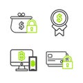 Set line Credit card with lock, Computer monitor mobile phone and bitcoin, Reward for good work and Closed wallet icon