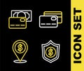 Set line Credit card, Shield with dollar, Cash location and icon. Vector