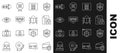 Set line Credit card with shield, Incognito mode, Document and lock, Password protection, Eye scan, and System bug icon