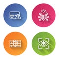 Set line Credit card, Smart key, Shield with brick wall and Eye scan. Color circle button. Vector