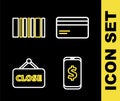 Set line Credit card, Smartphone with dollar, Hanging sign Closed and Barcode icon. Vector Royalty Free Stock Photo