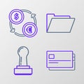Set line Credit card, Stamp, Document folder and Money exchange icon. Vector