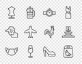 Set line Croissant, package, Wrist watch, Wine glass, Mannequin, Plane, Woman shoe and Fountain icon. Vector