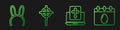 Set line Cross on the laptop screen, Mask with long bunny ears, Christian cross and Calendar with Easter egg. Gradient