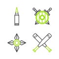 Set line Crossed baseball bat, Japanese ninja shuriken, Wooden shield with crossed swords and Bullet icon. Vector Royalty Free Stock Photo