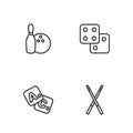 Set line Crossed billiard cues, Bingo, Bowling pin and ball and Game dice icon. Vector
