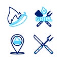 Set line Crossed fork and knife, Location with barbecue, spatula and Hot chili pepper pod icon. Vector