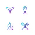 Set line Crossed fork and spatula, Campfire, Sausage on the and Chicken leg. Gradient color icons. Vector