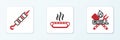 Set line Crossed fork and spatula, Grilled shish kebab and Hotdog sandwich icon. Vector