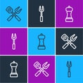 Set line Crossed fork and spatula, Pepper and Barbecue icon. Vector