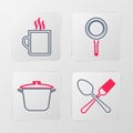 Set line Crossed fork and spoon, Cooking pot, Frying pan and Coffee cup icon. Vector