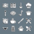 Set line Crossed fork and spoon, Cooking pot, Kitchen ladle, soup, Fork, Plate, knife and icon. Vector Royalty Free Stock Photo