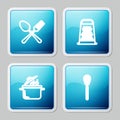 Set line Crossed fork and spoon, Grater, Cooking pot and Kitchen whisk icon. Vector