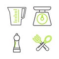 Set line Crossed fork and spoon, Pepper, Scales and Measuring cup icon. Vector Royalty Free Stock Photo