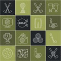 Set line Crossed golf club with ball, Golf, sport, label, and pants icon. Vector