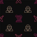 Set line Crossed medieval sword, Cyclops and Harp on seamless pattern. Vector