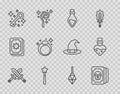 Set line Crossed medieval sword, Tarot cards, Bottle with potion, Magic wand, Old magic key, stone ring, and icon