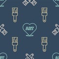 Set line Crossed paint brush, Paint brush and Heart with text art on seamless pattern. Vector