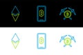 Set line Crossed pickaxe, Cryptocurrency coin Ethereum ETH and Phone mobile and cryptocurrency Bitcoin icon. Vector