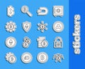 Set line Crossed pickaxe, Lock with bitcoin, Cryptocurrency Ripple XRP, Dash, Shield Ethereum ETH, Bitcoin, and