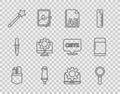 Set line Crossed ruler and pencil, Magnifying glass, AE file document, Marker, Magic wand, Computer monitor gear, Laptop