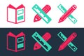 Set line Crossed ruler and pencil, Open book and icon. Vector