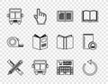 Set line Crossed ruler and pencil, Refresh, Open book, Bus, Supermarket building and Audio icon. Vector Royalty Free Stock Photo