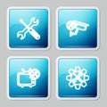 Set line Crossed screwdriver and wrench, Security camera service, Tv and Wrench in gear icon. Vector