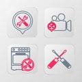 Set line Crossed screwdrivers, Oven service, Video camera and Location icon. Vector