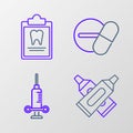 Set line Crossed tube of toothpaste, Dental medical syringe, Medicine pill or tablet and Clipboard with dental card icon Royalty Free Stock Photo