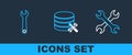 Set line Crossed wrenchs, Wrench and Database server service icon. Vector