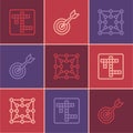 Set line Crossword, Board game and Classic dart board and arrow icon. Vector Royalty Free Stock Photo