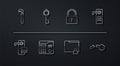 Set line Crowbar, Digital door lock, Folder and, House intercom system, Old key, Broken and Lock icon. Vector