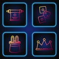 Set line Crown, Magician hat and rabbit ears, Magic scroll and Game dice. Gradient color icons. Vector