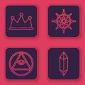 Set line Crown, Masons, Spider web and Magic stone. Blue square button. Vector