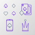 Set line Crown, Online poker table game, Playing card with spades and cards icon. Vector